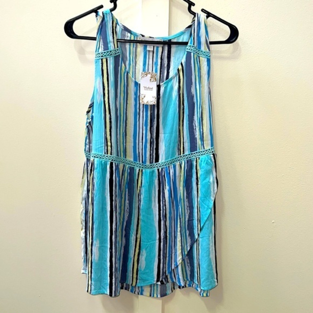 Suzanne Betro XL Blue Aqua Striped Tulip Wrap Tunic Tank Top NWT Boho Rayon Plus